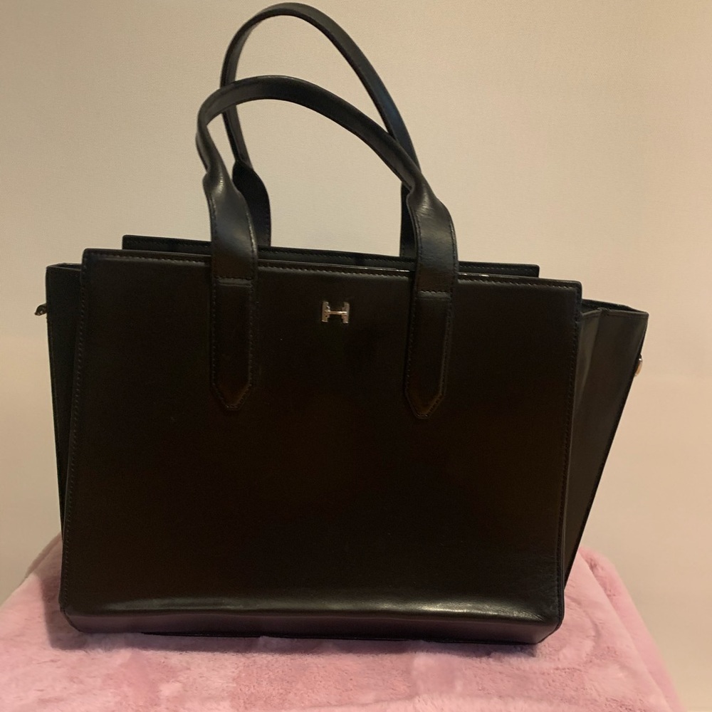 Halston Winged Tote Black Leather Satchel